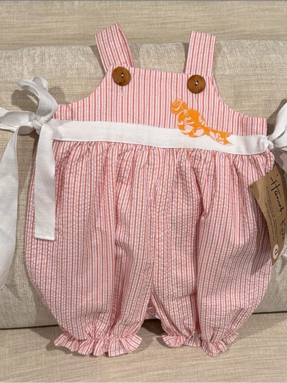 Pink Striped Girls' Bubble Romper with White Waist Sash